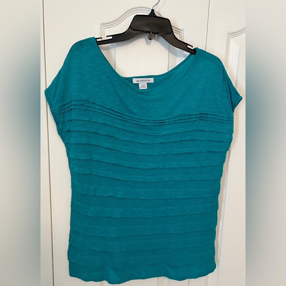 Liz Claiborne:  Teal colored, short sleeve, ruffled layer top. Size L